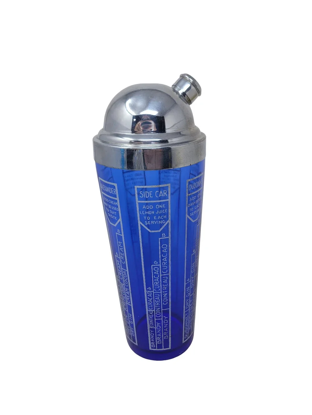Vintage Art Deco Cobalt Blue Glass Cocktail Shaker Chrome Lid Recipe 1930s